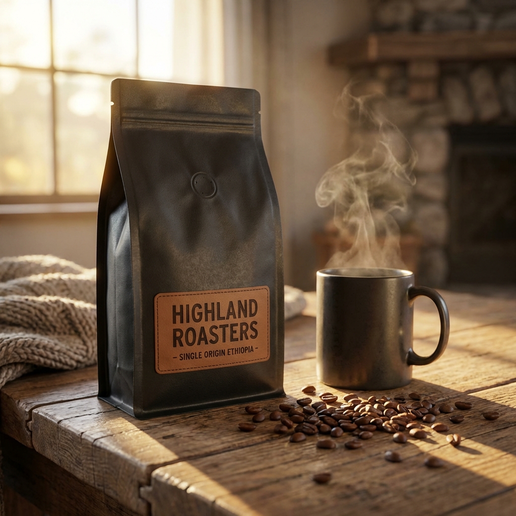 AI generated organic coffee bag presentation in a warm lifestyle kitchen setup