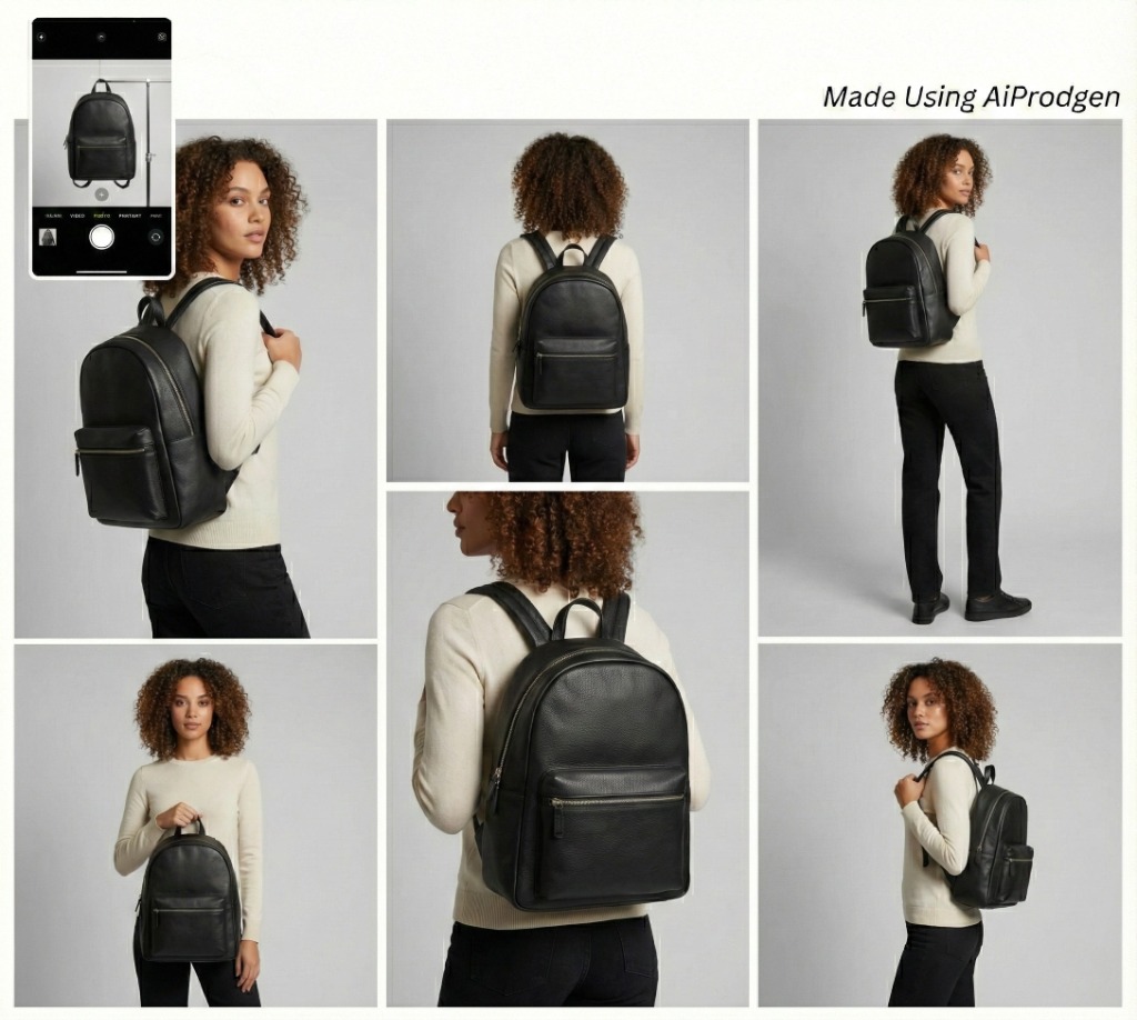 AI generated lifestyle photography of a leather backpack on a mountain setting