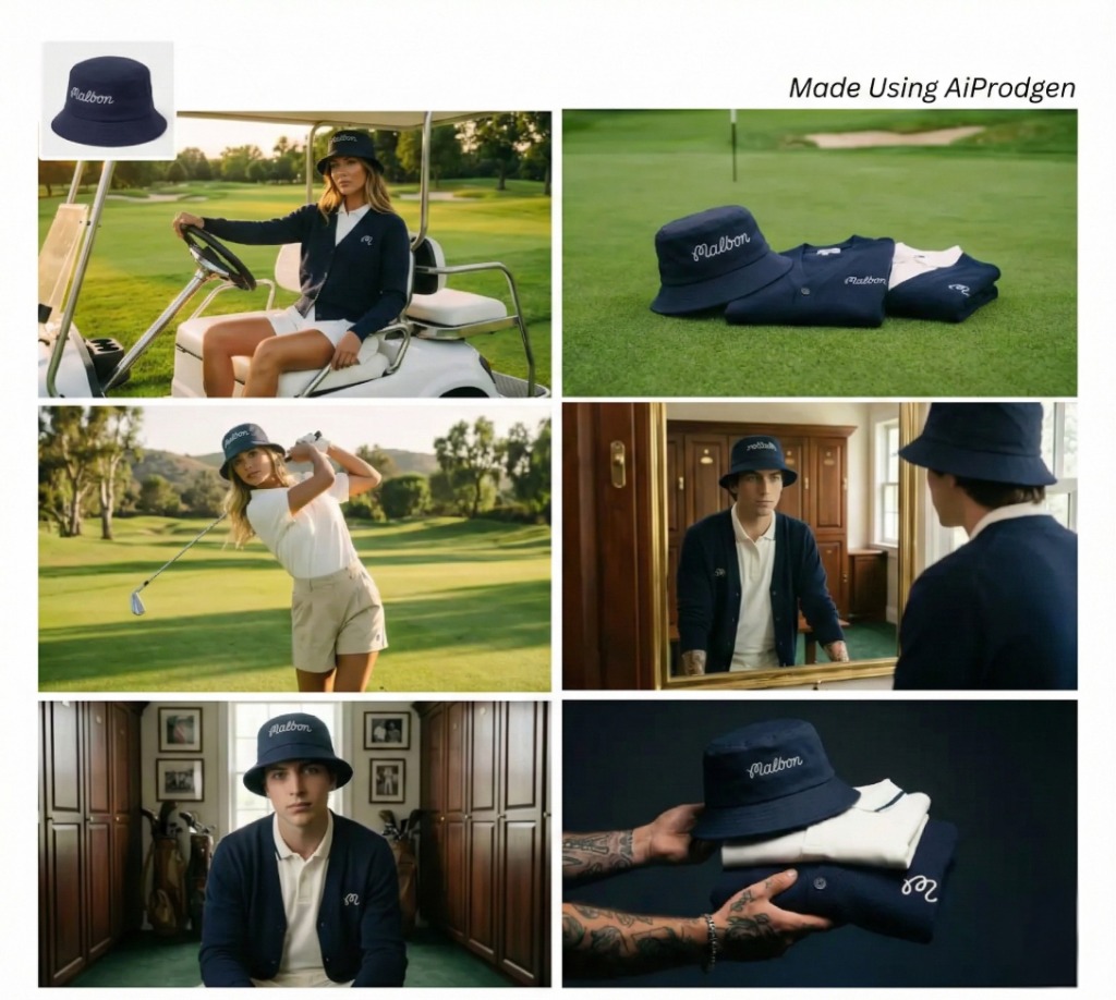 AI generated sports lifestyle campaign featuring a golf hat on a course